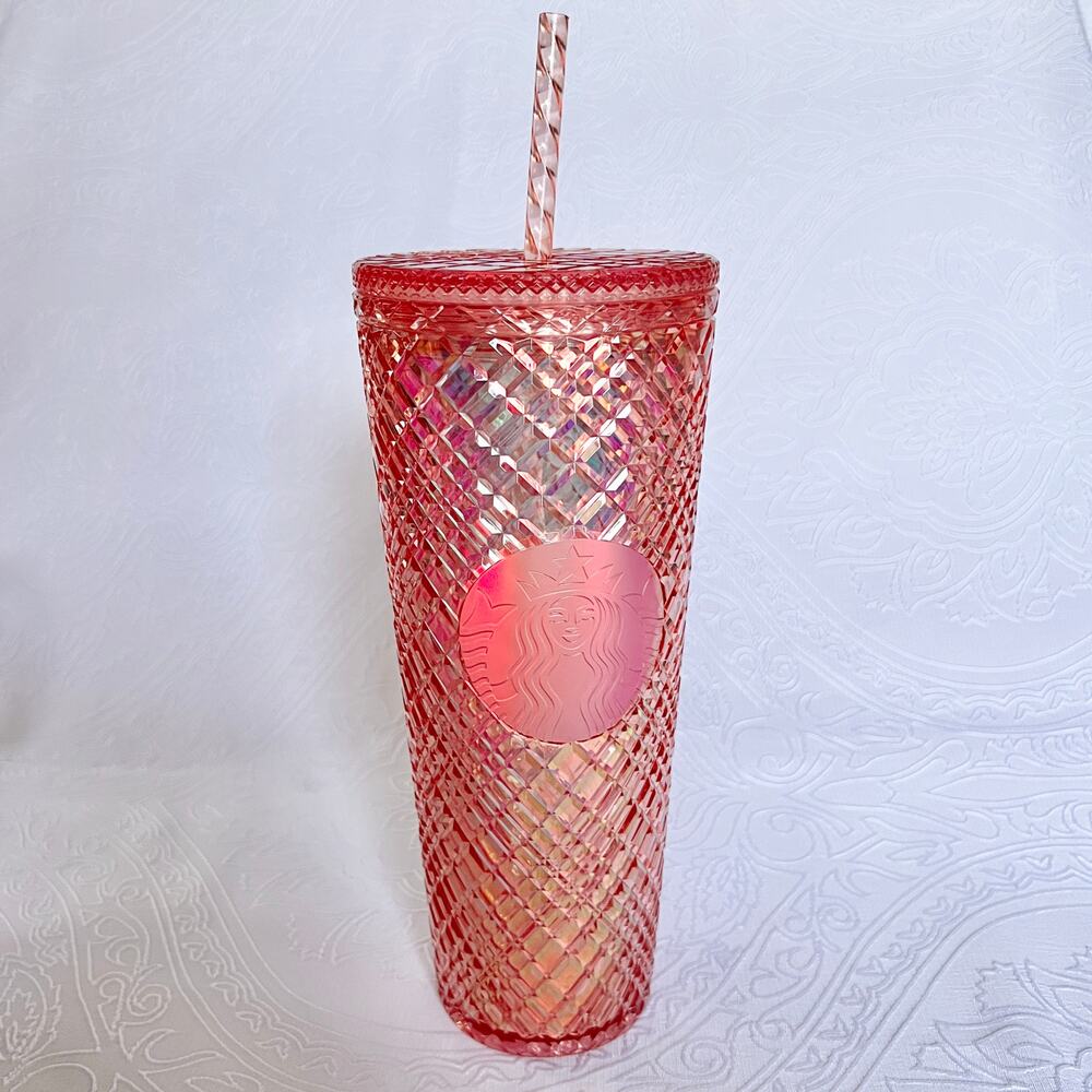 Starbucks Pink Geometric Iridescent Holographic Tumbler 24oz Cold Cup and Straw